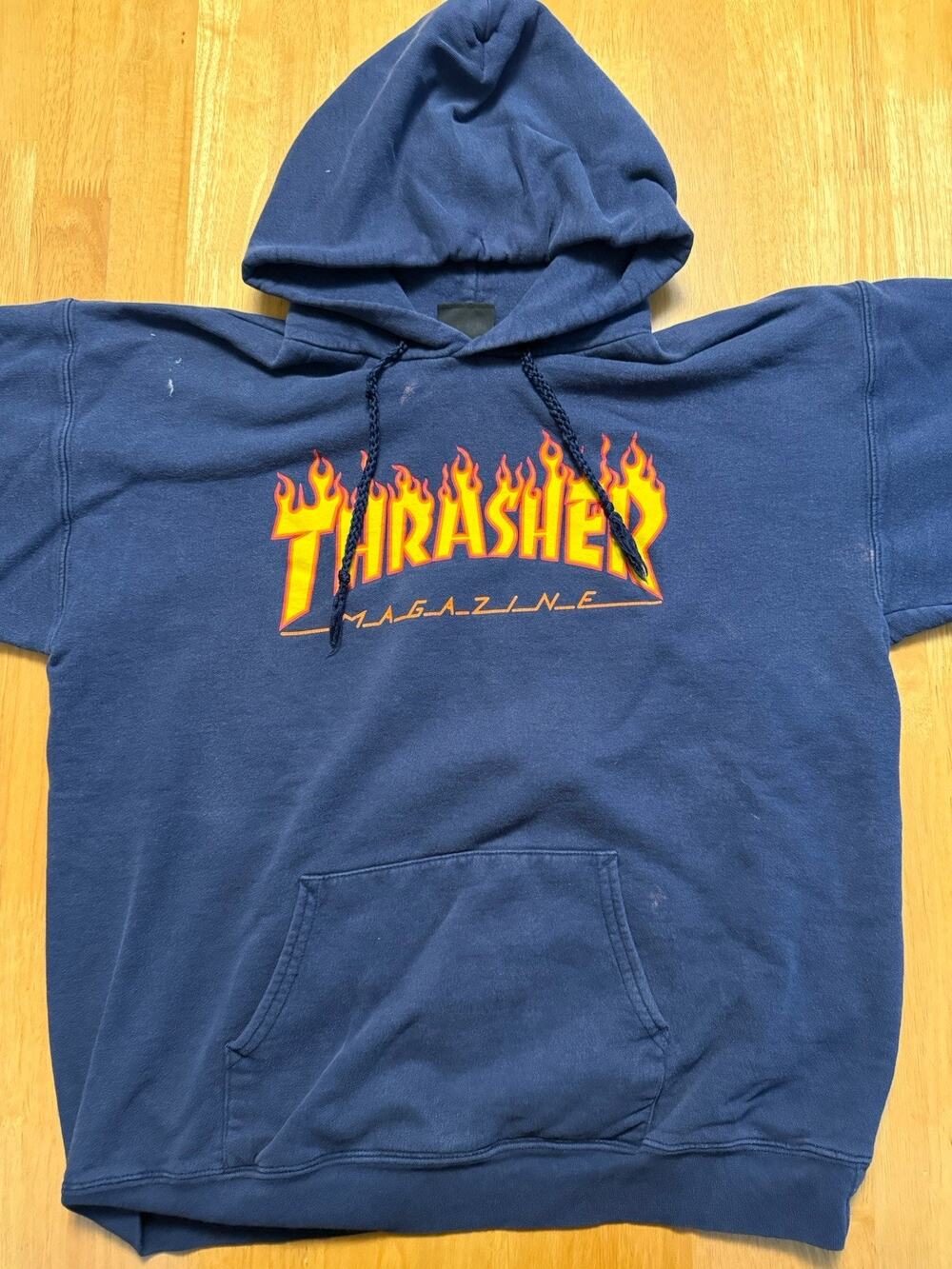Vintage Thrasher Magazine Flame Hoodie Mens M Navy Blue Skateboarding Y2K